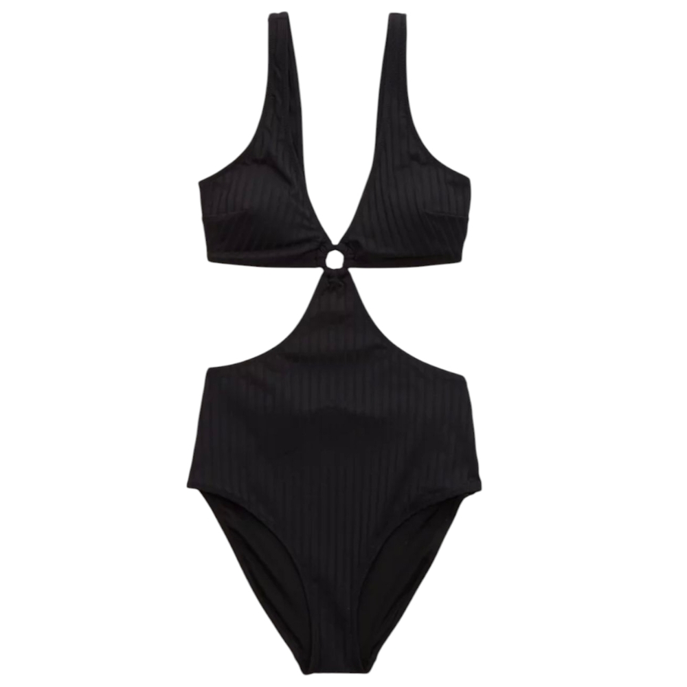 Aerie Black Wide Rib Cut Out Ring One Piece Swimsuit - Size Large Long